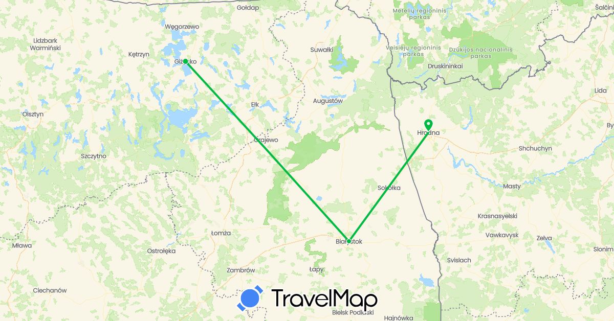 TravelMap itinerary: driving, bus in Belarus, Poland (Europe)