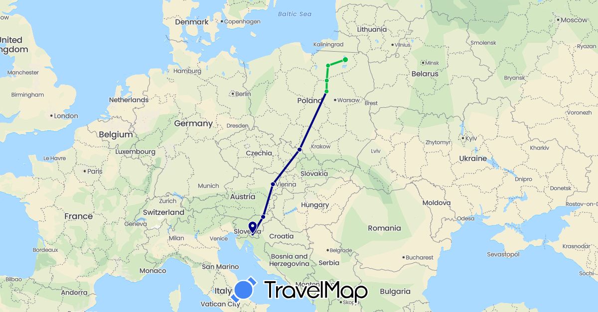 TravelMap itinerary: driving, bus in Austria, Czech Republic, Poland, Slovenia (Europe)