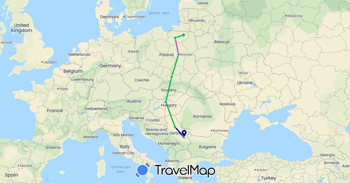 TravelMap itinerary: driving, bus, train in Hungary, Poland, Serbia (Europe)
