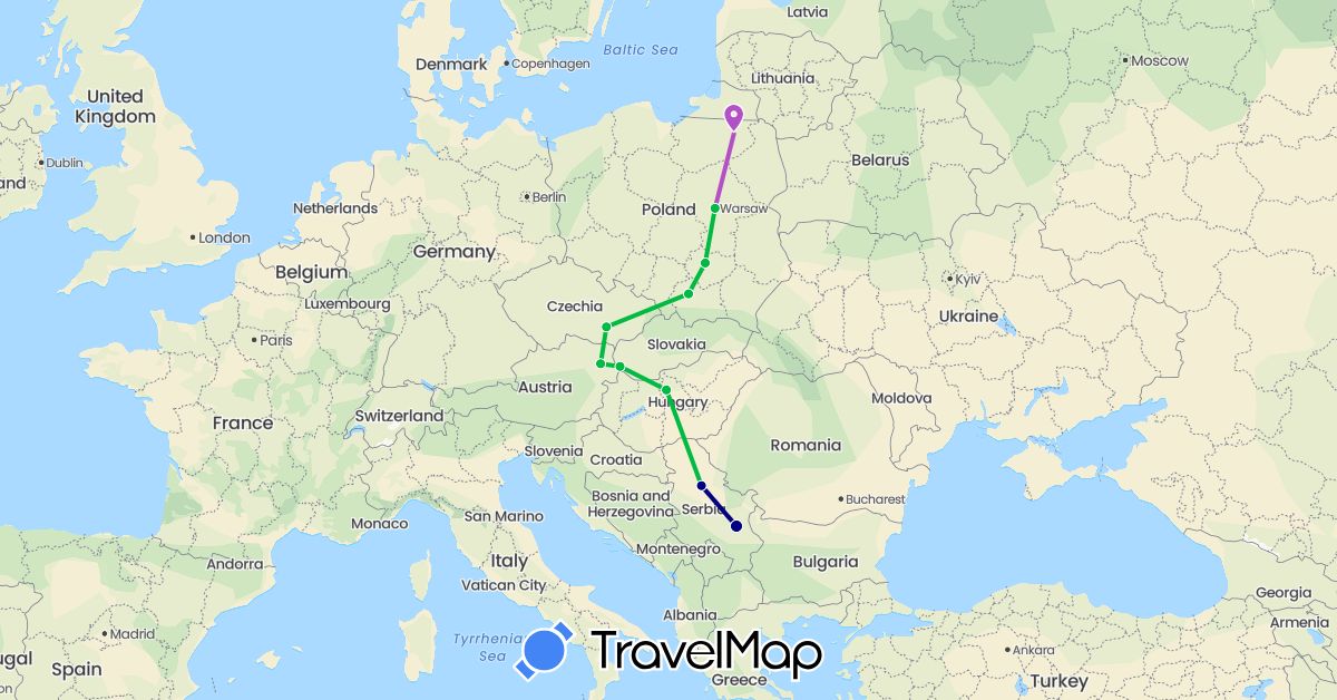 TravelMap itinerary: driving, bus, train in Austria, Czech Republic, Hungary, Poland, Serbia, Slovakia (Europe)
